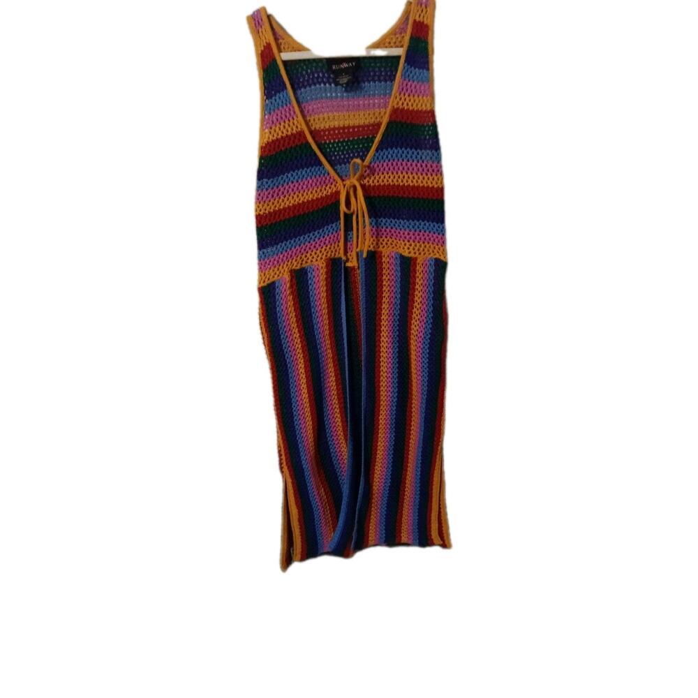 Crocheted Duster Rainbow Sz.Small By Runway Hippie Boho Peasant Side Slits - Picture 2 of 5